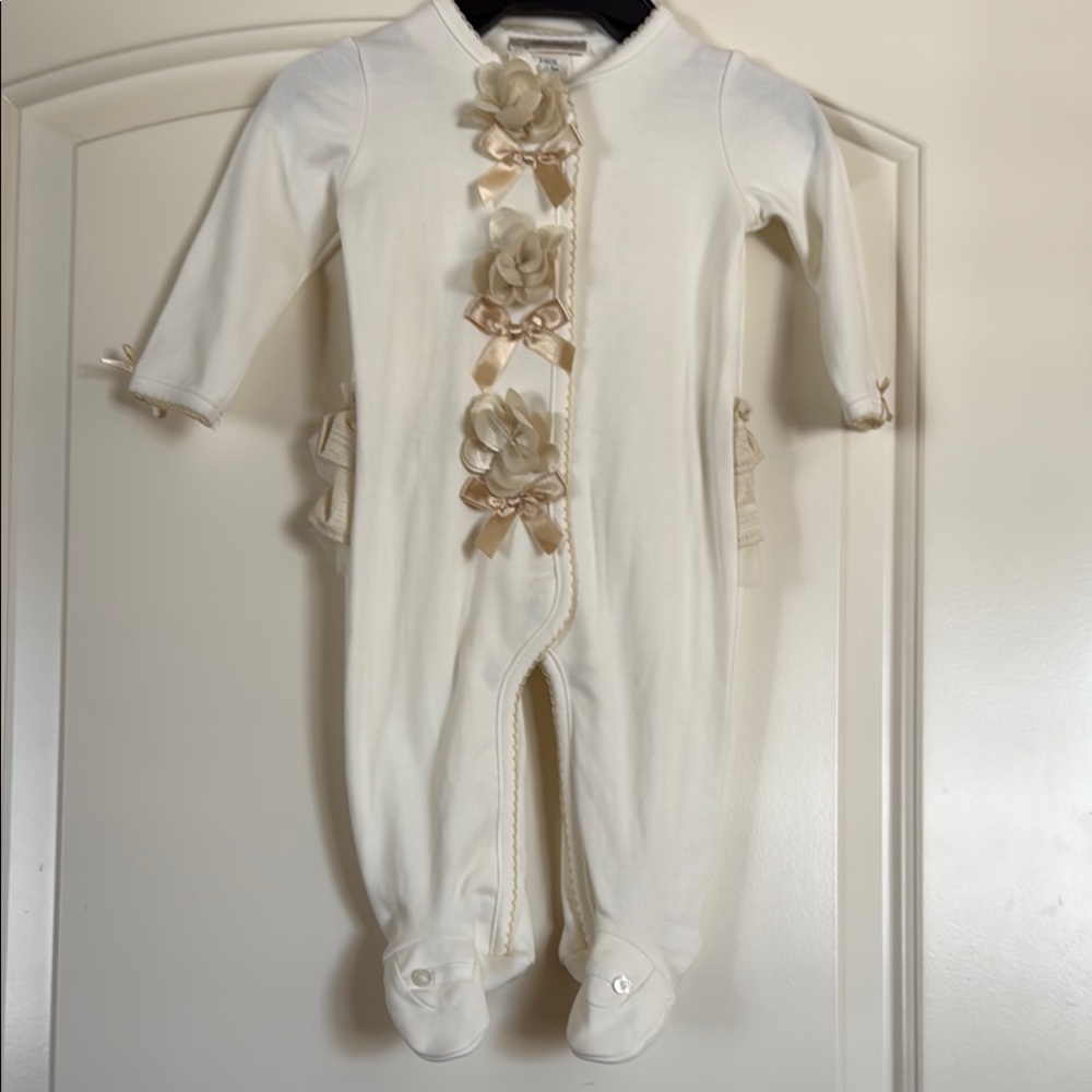 Cream Footie One Piece with Floral Embellishments